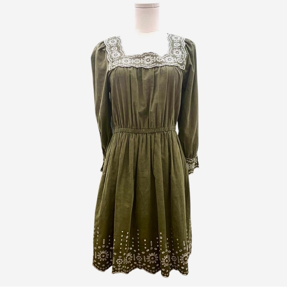 Madewell Women’s Corduroy
Embroidery Olive Green Mini Dress 
Size XS